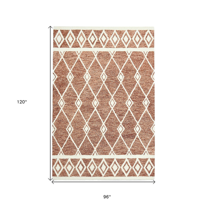 8' X 10' Wool Argyle Hand Hooked Area Rug - Rust And Ivory