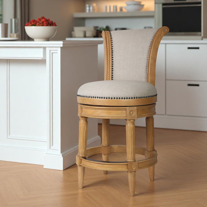 25" Fabric And Solid Wood Counter Height Swivel Bar Chair - Gray / Natural