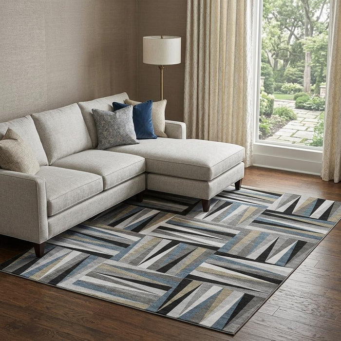 10' X 14' Geometric Washable Area Rug With UV Protection (679402) - Black / Beige / Ivory