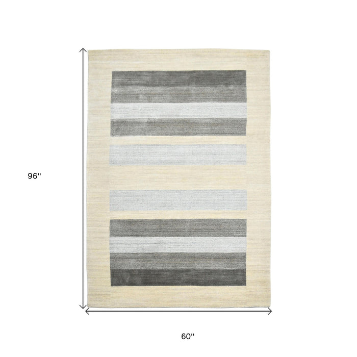 5' X 8' Wool Striped Hand Woven Area Rug - Ivory And Gray