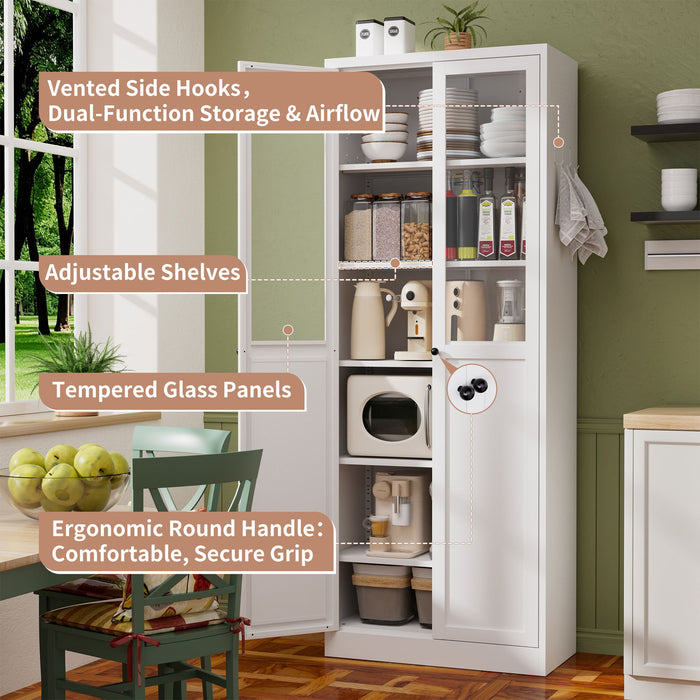 White Giga tall metal kitchen pantry cabinet with adjustable shelves and silent magnetic doors, ideal for organized storage.