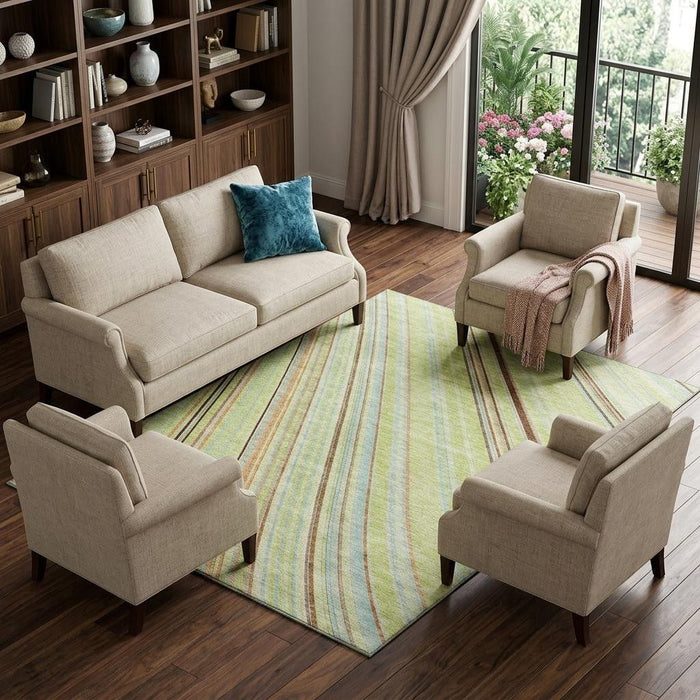 10' X 14' Striped Washable Area Rug With UV Protection (677447) - Artichoke Green / Brown / Beige