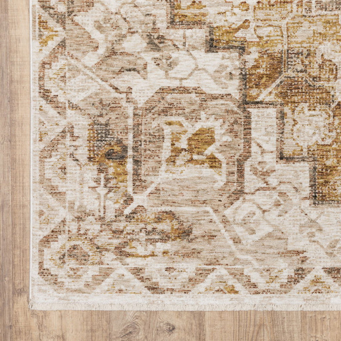 10' x 13' Oriental Power Loom Stain Resistant Polyester Area Rug With Fringe - Gold And Ivory