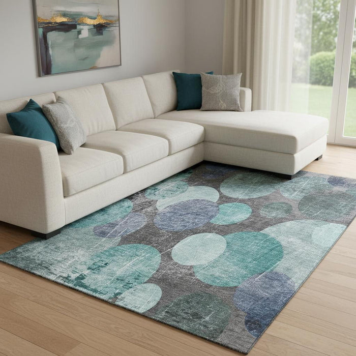 10' X 14' Abstract Washable Area Rug With UV Protection (648916) - Teal / Gray