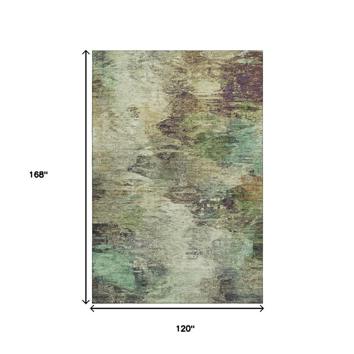 10' X 14' Abstract Washable Area Rug With UV Protection (650632) - Beige / Teal / Olive Green