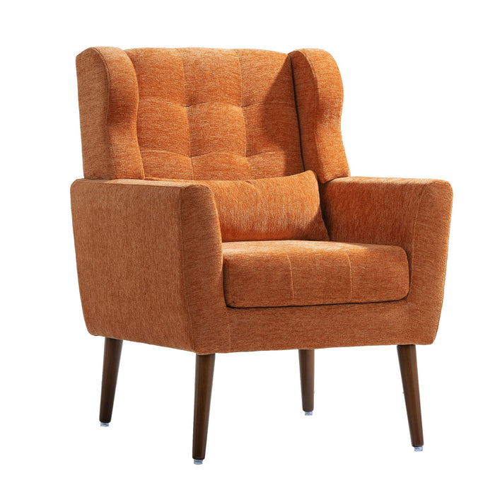 Giga modern upholstered accent arm chair with wooden legs, soft padding, and pillow, ideal for living room or bedroom seating.