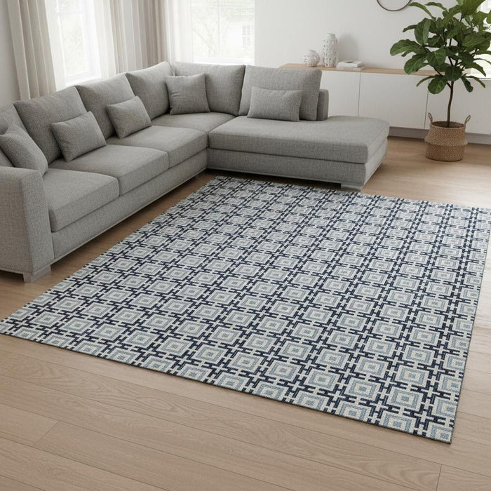 8' X 10' Geometric Washable Area Rug With UV Protection (645269) - Navy Blue / Ivory