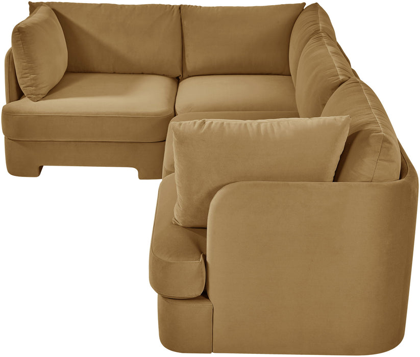 Velvet performance fabric upholstered 4-piece stationary sectional sofa by Meridian Furniture showing plush cushions and modern design.