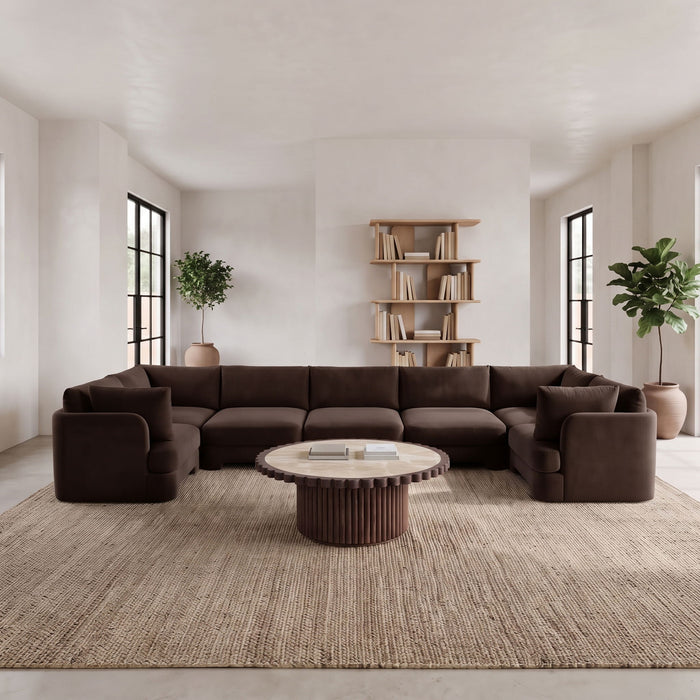 Meridian Furniture velvet performance fabric U-shaped sectional with seven stationary sofa pieces, modern and plush for living room comfort
