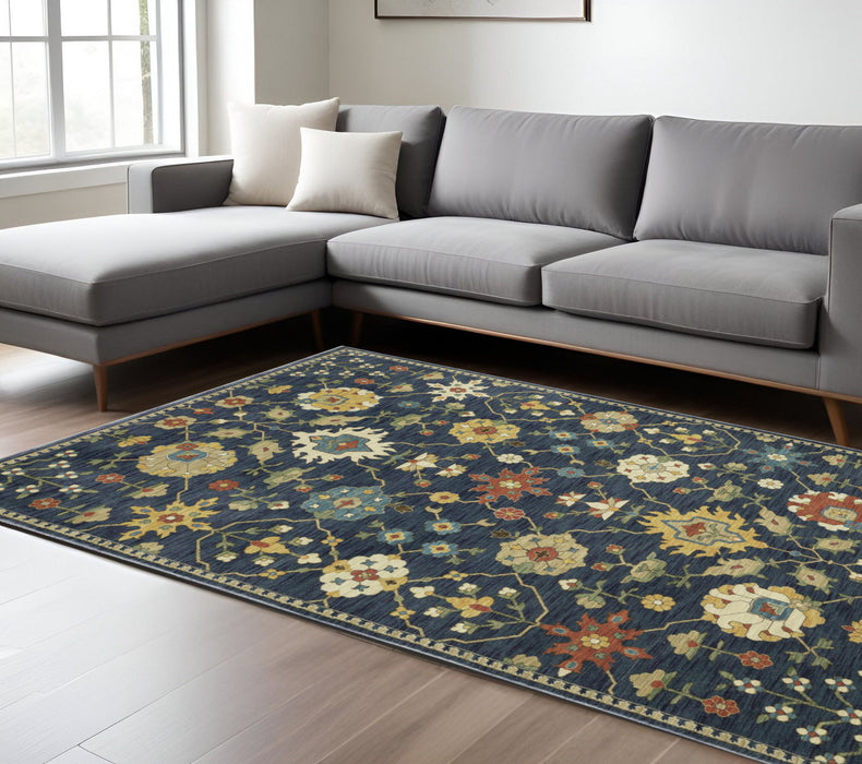 7' X 10' Oriental Area Rug With Fringe - Blue / Gold