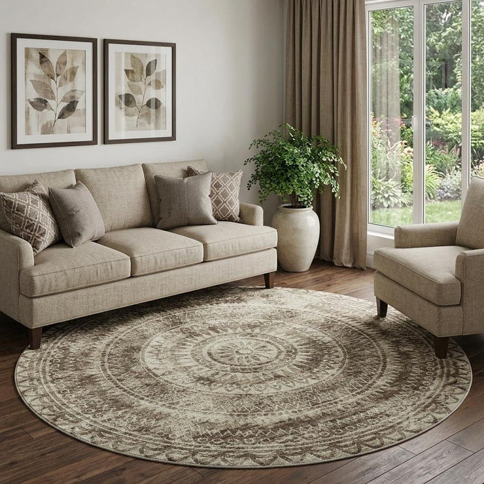 8' Medallion Washable Round Rug With UV Protection (644895) - Brown / Ivory