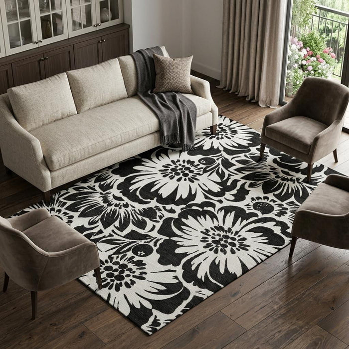 8' X 10' Floral Washable Area Rug With UV Protection (648620) - Black / Ivory