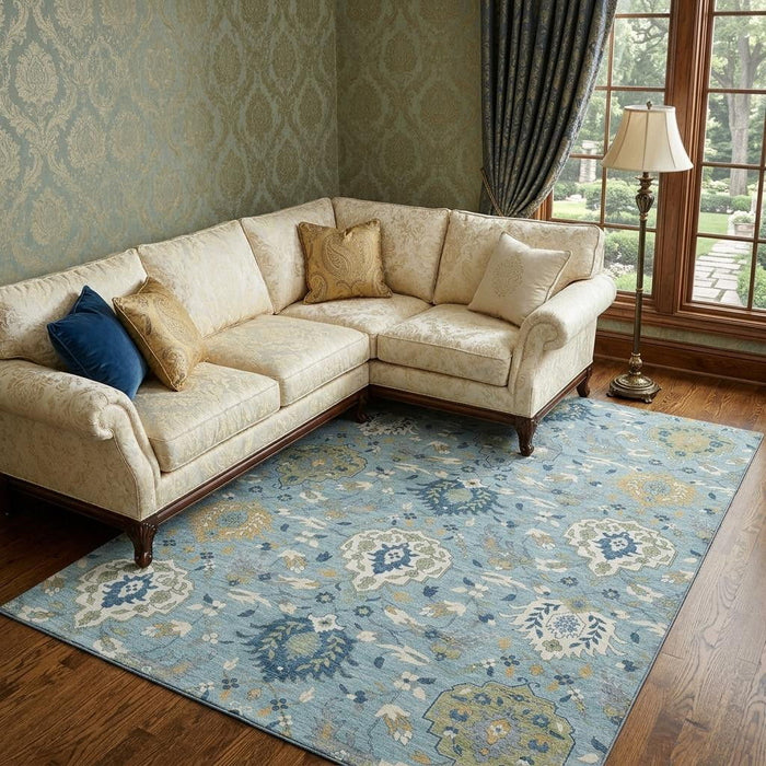 10' X 14' Damask Washable Area Rug With UV Protection (680577) - Sky Blue / Gold / Gray