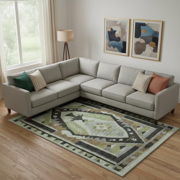 10' X 14' Tribal Washable Area Rug With UV Protection (707989) - Brown / Green / Charcoal