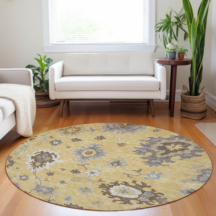 8' Floral Medallion Washable Round Rug With UV Protection - Gold