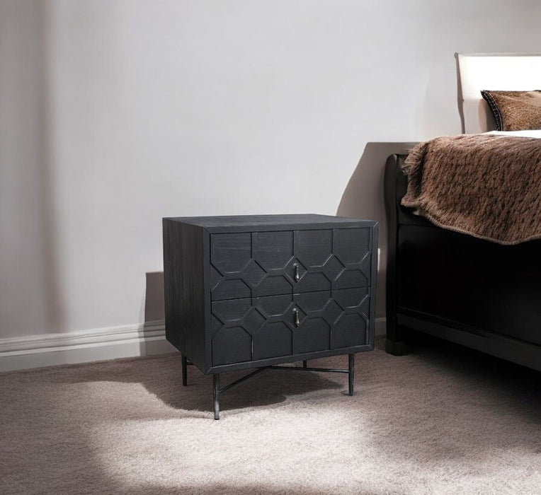 28" Distressed Two Drawer Solid Wood Nightstand - Black