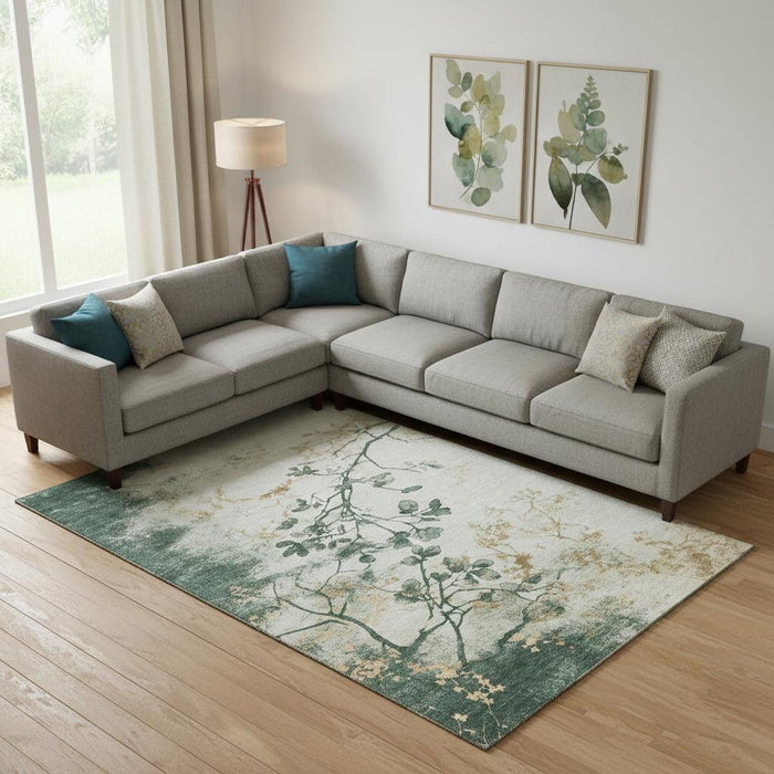 10' X 14' Floral Washable Area Rug With UV Protection (701581) - Emerald / Ivory / Gold
