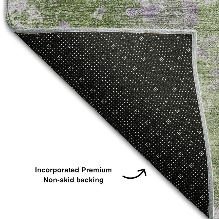 8' Abstract Washable Round Rug With UV Protection (649837) - Green / Ivory
