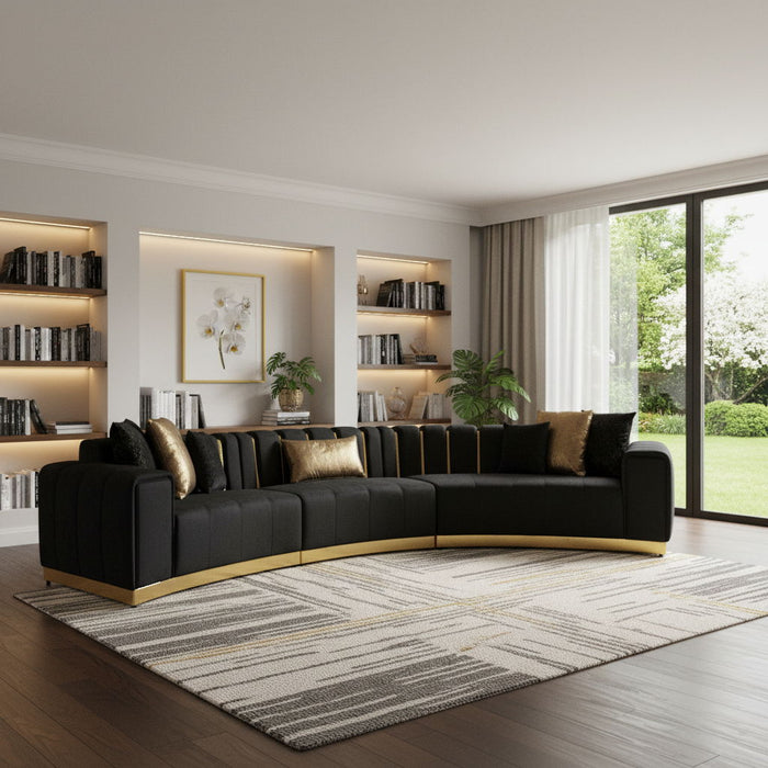 Velvet Curved Three Piece Sectional With Toss Pillows - Black