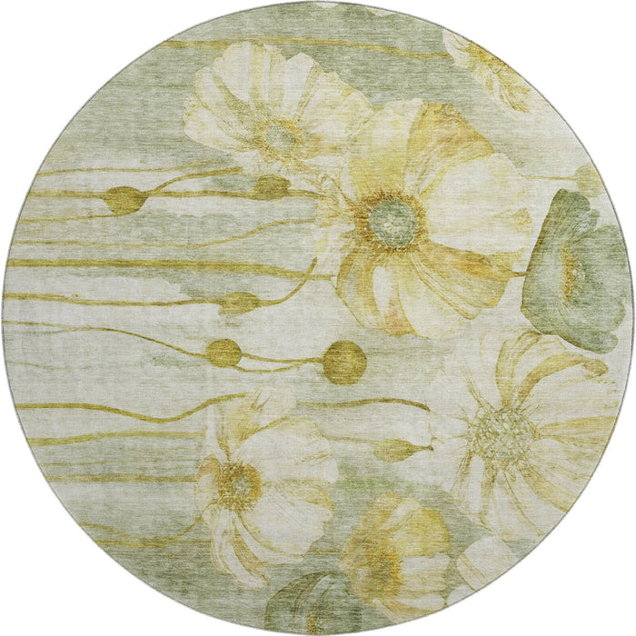 8' Floral Washable Round Rug With UV Protection (657320) - Sage / Gold / Ivory