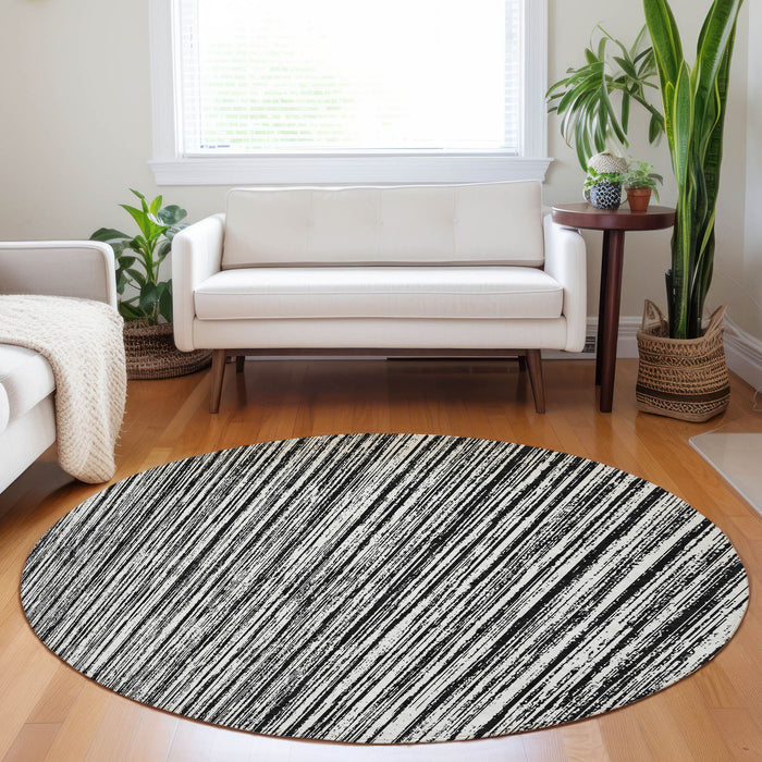 8' Striped Washable Round Rug With UV Protection - Black And Ivory