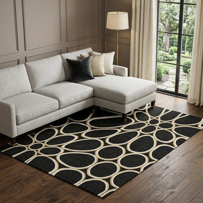 10' X 14' Geometric Washable Area Rug With UV Protection (681671) - Black / Ivory / Gold