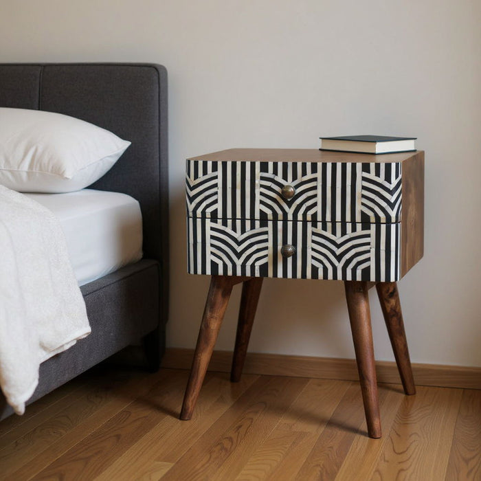 23" Modern Solid Wood Geometric Bone Inlay Two Drawer Nightstand - Black