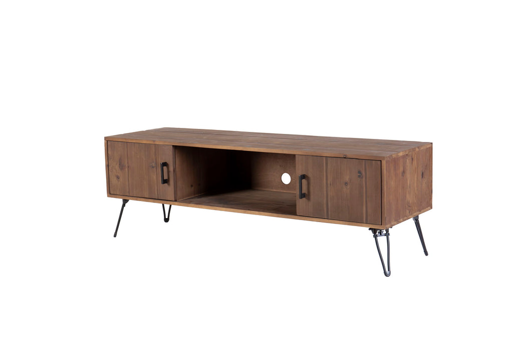 Giga industrial style reclaimed wood TV stand with storage cabinet for living room media setup, featuring natural wood finish.