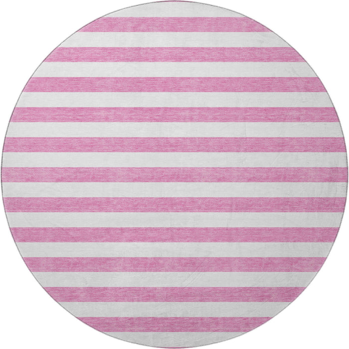 8' Striped Washable Round Rug With UV Protection (647635) - Pink / Ivory