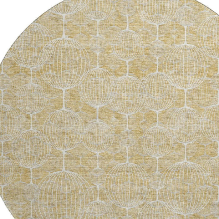 8' Geometric Polyester Washable Round Rug With UV Protection - Gold And Ivory