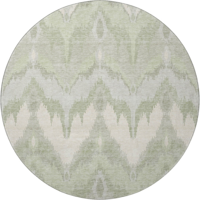 8' Ikat Washable Round Rug With UV Protection - Artichoke Green And Ivory