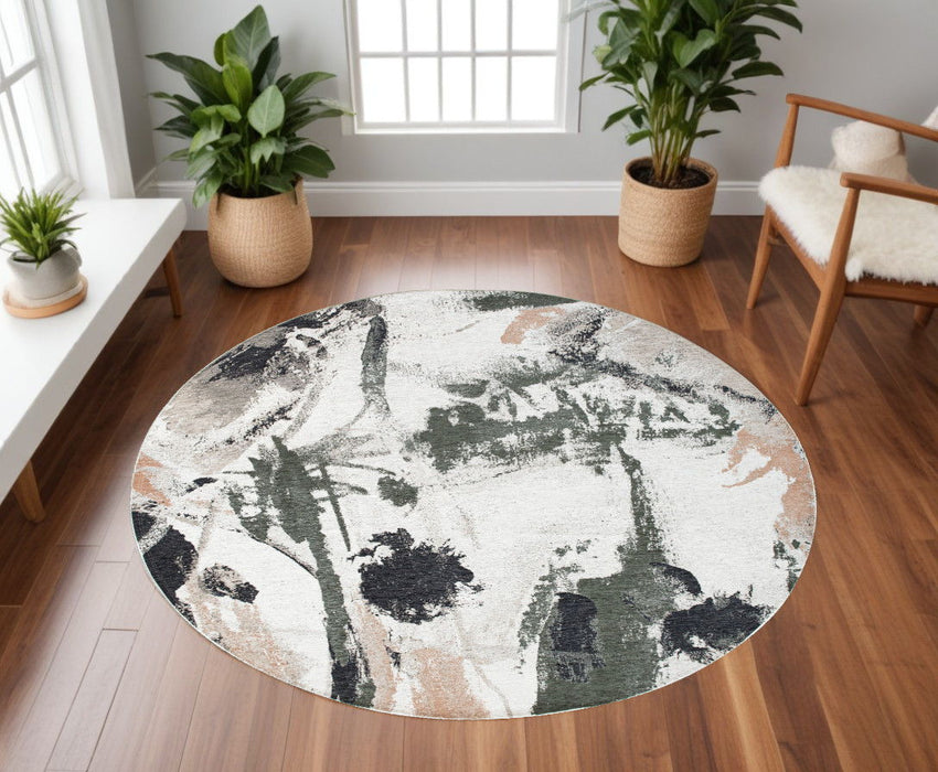 8' Round Abstract Non Skid Area Rug - Gray And Orange