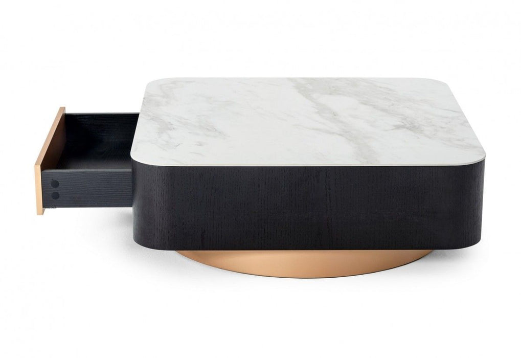 Modern Coffee Table With One Drawer - White Black And Rose Gold