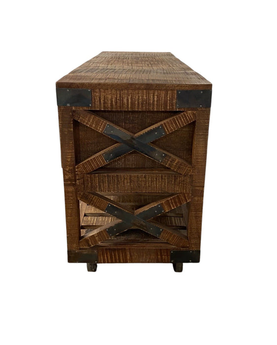 Solid Wood Distressed Wheel Console Table With Shelves And Drawers - Brown And Black