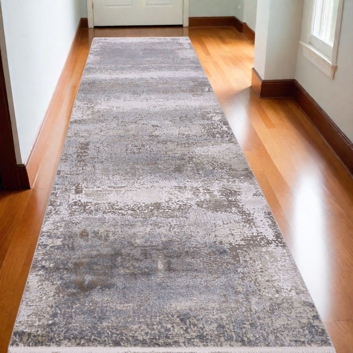 10' Abstract Power Loom Runner Rug With Fringe - Gray