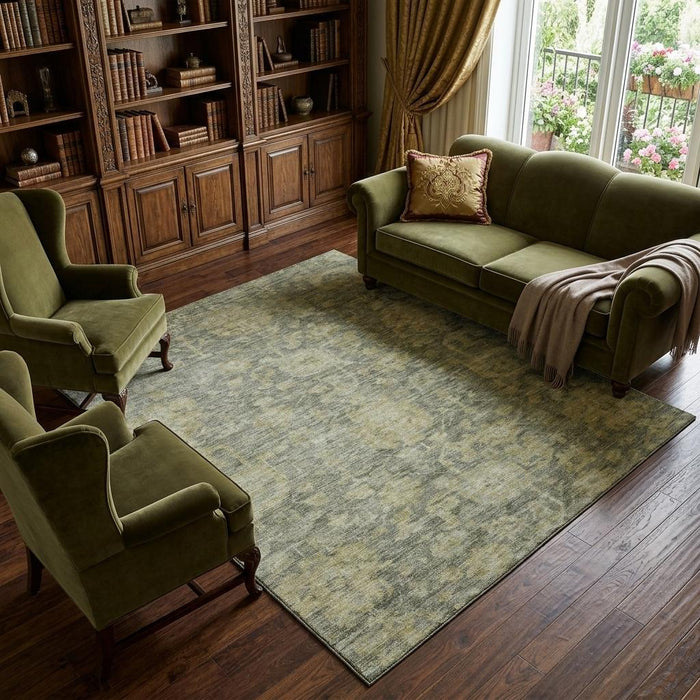 10' X 14' Damask Washable Area Rug With UV Protection (684418) - Sage / Gold