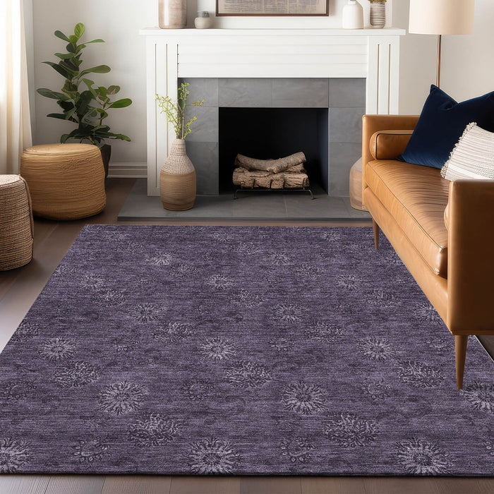 10' X 14' Floral Washable Area Rug With UV Protection - Eggplant And Ivory