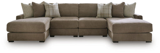 Benchcraft® Camellia-Court 4-piece double chaise sectional in coffee, stationary living room sofa with plush cushions and modern design.