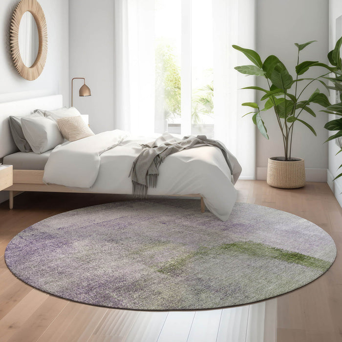 8' Abstract Washable Round Rug With UV Protection - Purple And Green