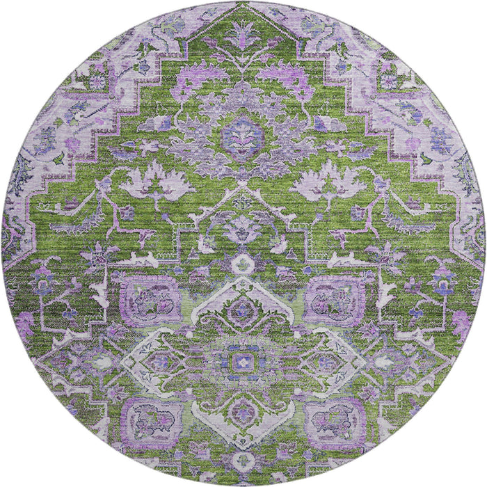 8' Floral Medallion Washable Round Rug With UV Protection - Olive Green