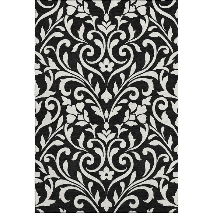 10' X 14' Floral Washable Area Rug With UV Protection (669588) - Black / Ivory