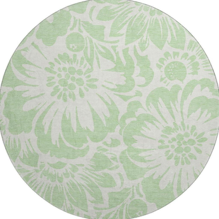 8' Floral Washable Round Rug With UV Protection (648661) - Mint Green / Ivory