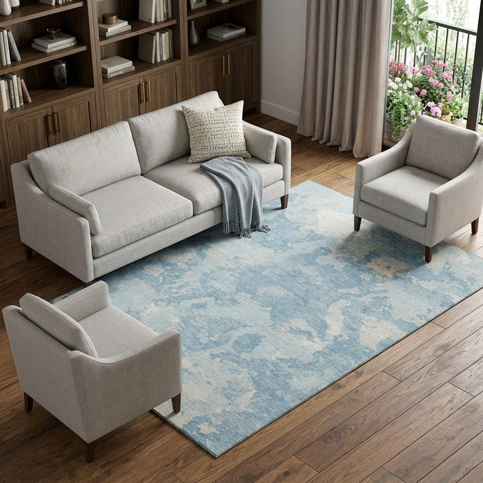 10' X 14' Abstract Washable Area Rug With UV Protection (693354) - Sky Blue / Ivory