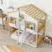 Giga house bunk bed with roof, window, window box, door, safety guardrails, and ladder for children’s bedroom.