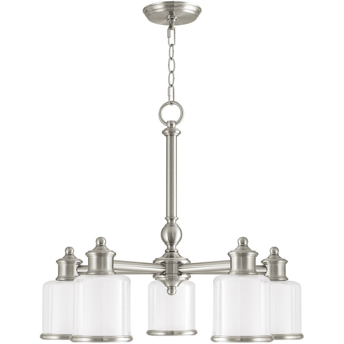Five Light Metal Dimmable Chandelier With Shades - Nickel / Clear / Opal