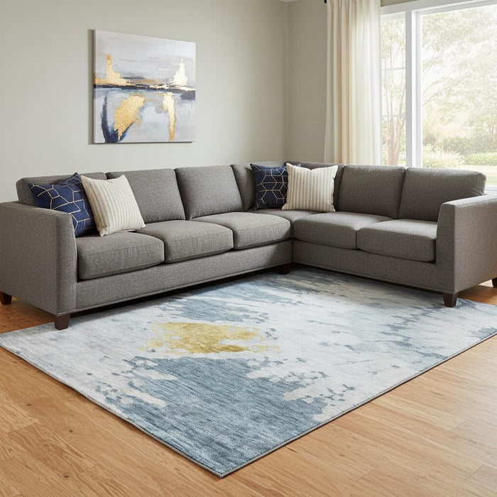 9' X 12' Abstract Washable Area Rug With UV Protection (651291) - Blue / Gold / Ivory