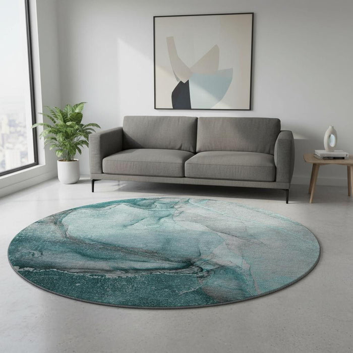 8' Abstract Washable Round Rug With UV Protection (647431) - Teal / Gray / Ivory