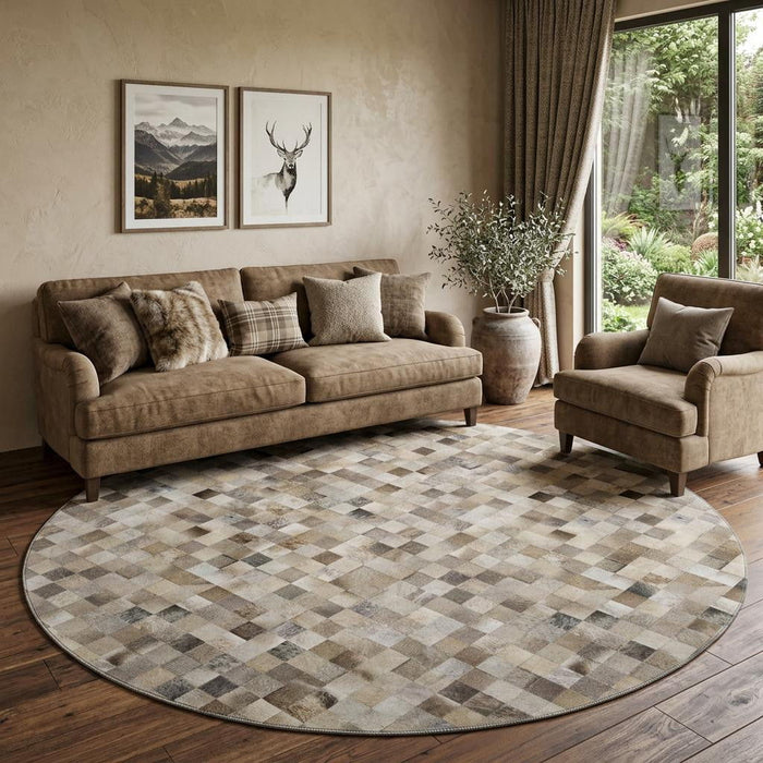 8' Patchwork Washable Round Rug With UV Protection (644649) - Gray / Ivory / Beige