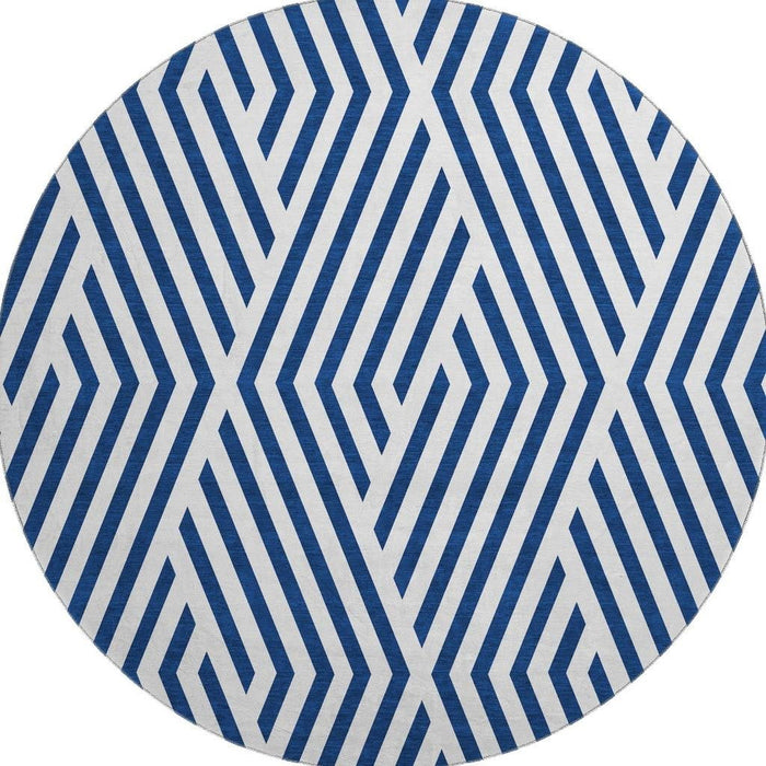 8' Geometric Washable Round Rug With UV Protection (648565) - Navy Blue / Ivory