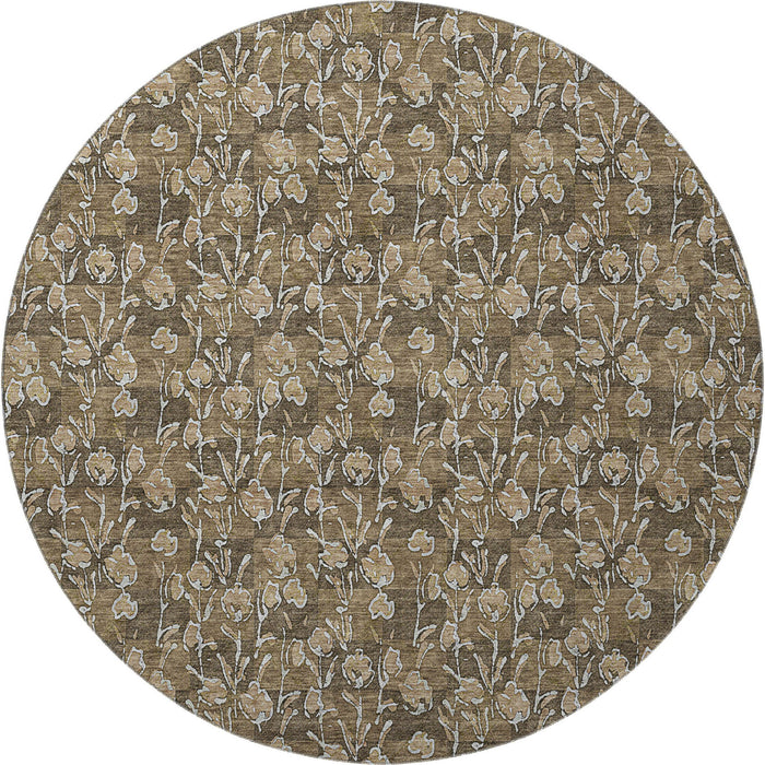 8' Floral Washable Round Rug With UV Protection (656433) - Brown / Ivory